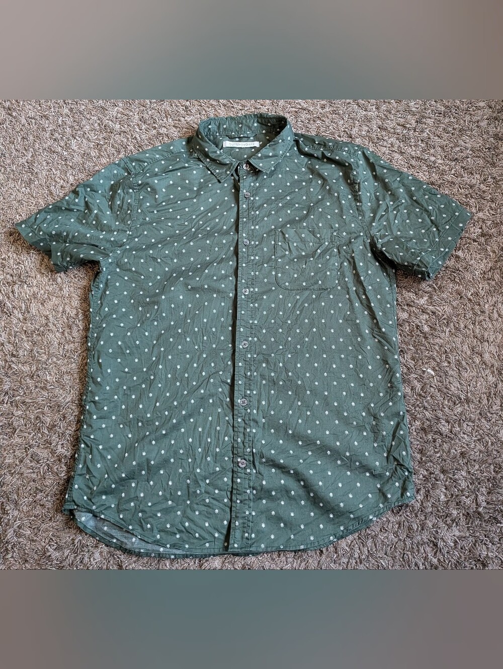 Outerknown Green Palm AOP Organic Cotton Short Sleeve Button Up Men's L
